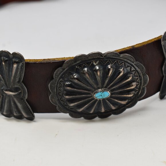 VINTAGE NAVAJO OLD PAWN 1ST PHASE COIN SILVER NAT TURQUOISE CONCHO BELT 1930-50 - Picture 11 of 15